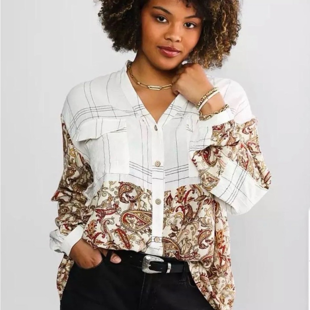 Gimmicks Paisley Patchwork Button-Front V-Neck Blouse - White/Brown Size Small